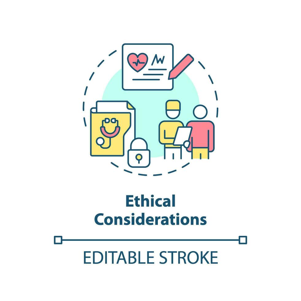 Ethical considerations concept icon. Patient records privacy protection guarantee. Precision medicine factor abstract idea thin line illustration. Isolated outline drawing. Editable stroke vector