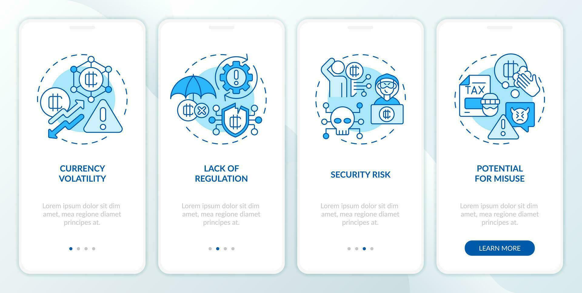 2d íconos representando digital moneda móvil aplicación pantalla colocar. recorrido 4 4 pasos azul gráfico instrucciones con Delgado línea íconos concepto, ui, ux, gui modelo. vector