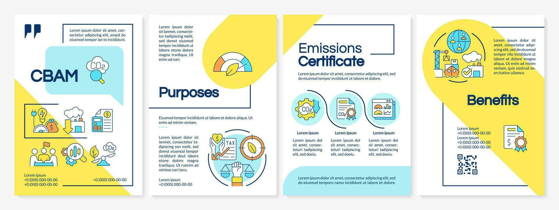 2D carbon border adjustment multicolor brochure template, leaflet design with thin line icons, 4 vector layouts.