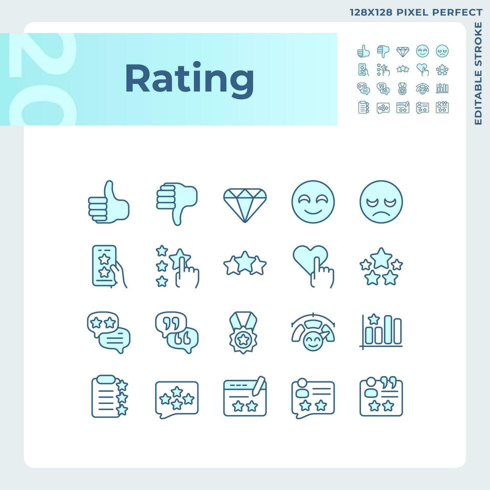 Rating pixel perfect RGB color icons set. Service evaluation process. Customer experience sharing. Isolated vector illustrations. Simple filled line drawings collection. Editable stroke