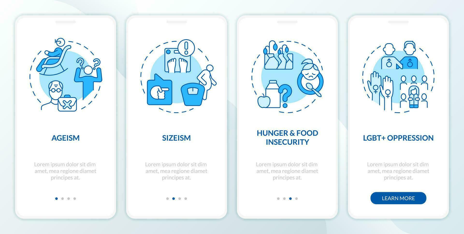 Social injustice examples blue onboarding mobile app screen. Walkthrough 4 steps editable graphic instructions with linear concepts. UI, UX, GUI template vector