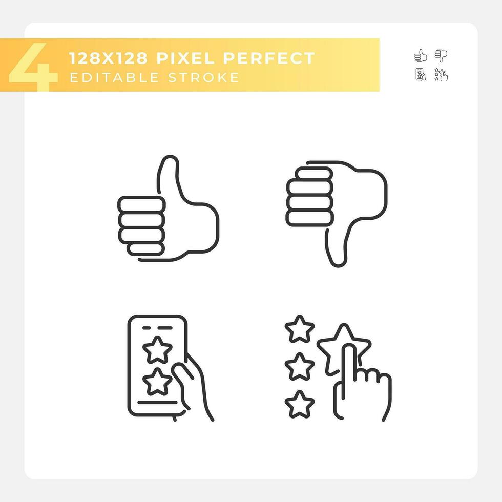 Rating of customer service pixel perfect linear icons set. Online reaction on products. Feedback on internet. Customizable thin line symbols. Isolated vector outline illustrations. Editable stroke