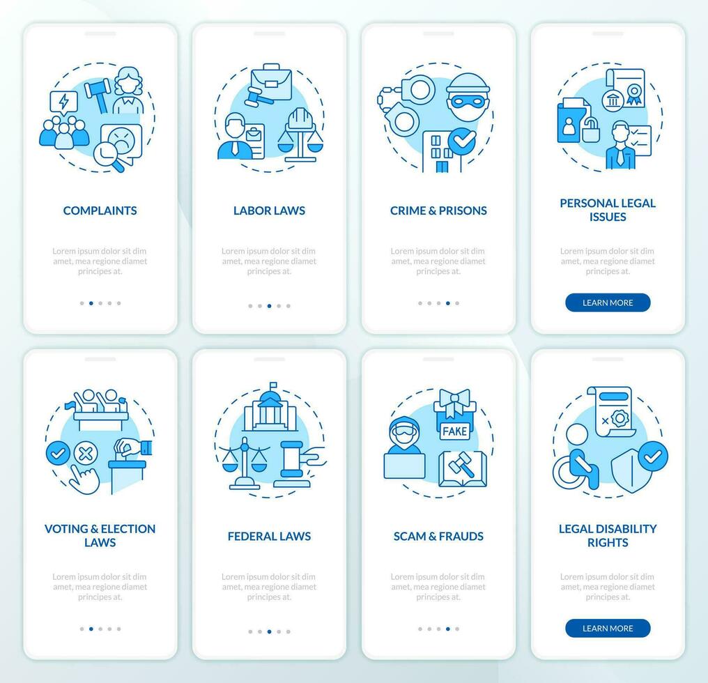 Legal cases blue onboarding mobile app screen set. Laws, regulations walkthrough 4 steps editable graphic instructions with linear concepts. UI, UX, GUI template vector