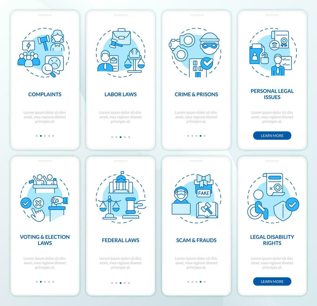 legal casos azul inducción móvil aplicación pantalla colocar. leyes, regulaciones recorrido 4 4 pasos editable gráfico instrucciones con lineal conceptos. ui, ux, gui modelo vector