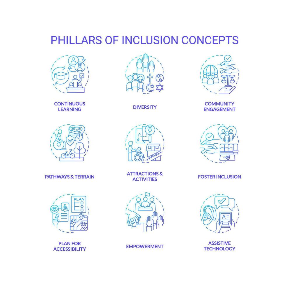 Pillars of inclusion blue gradient concept icons set. Equal opportunity. Sustainable development. Anti discrimination. Social justice idea thin line color illustrations. Isolated symbols vector