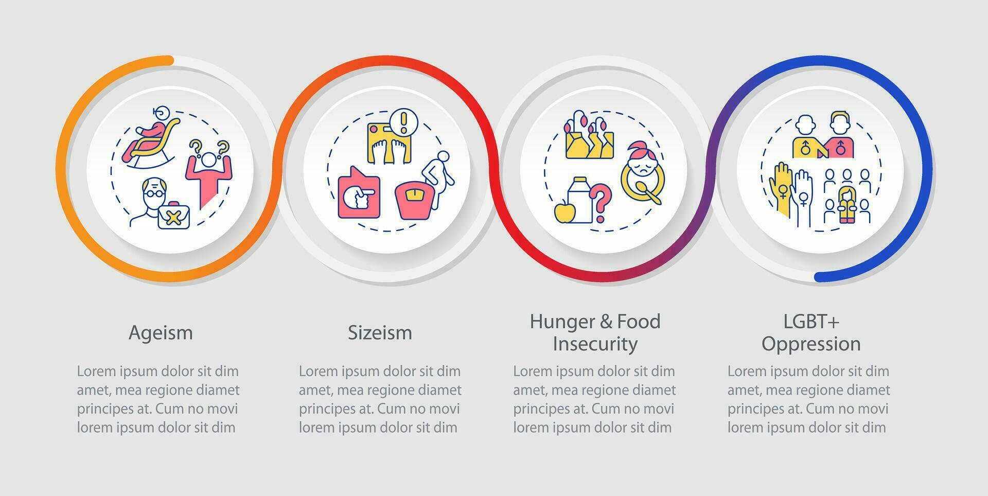 Social injustice examples loop infographic template. Problems. Data visualization with 4 steps. Editable timeline info chart. Workflow layout with line icons vector