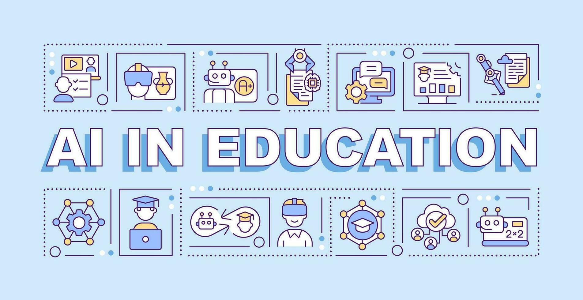 AI in education text concept with various icons on blue monochromatic background, editable 2D vector illustration.