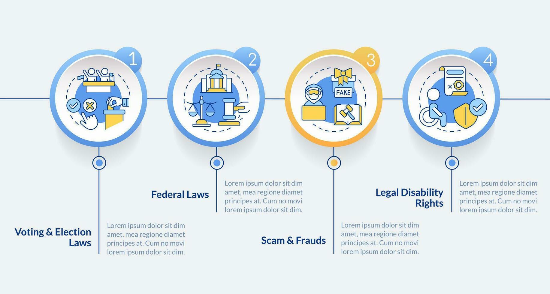 Laws and legal matters blue circle infographic template. Data visualization with 4 steps. Editable timeline info chart. Workflow layout with line icons vector