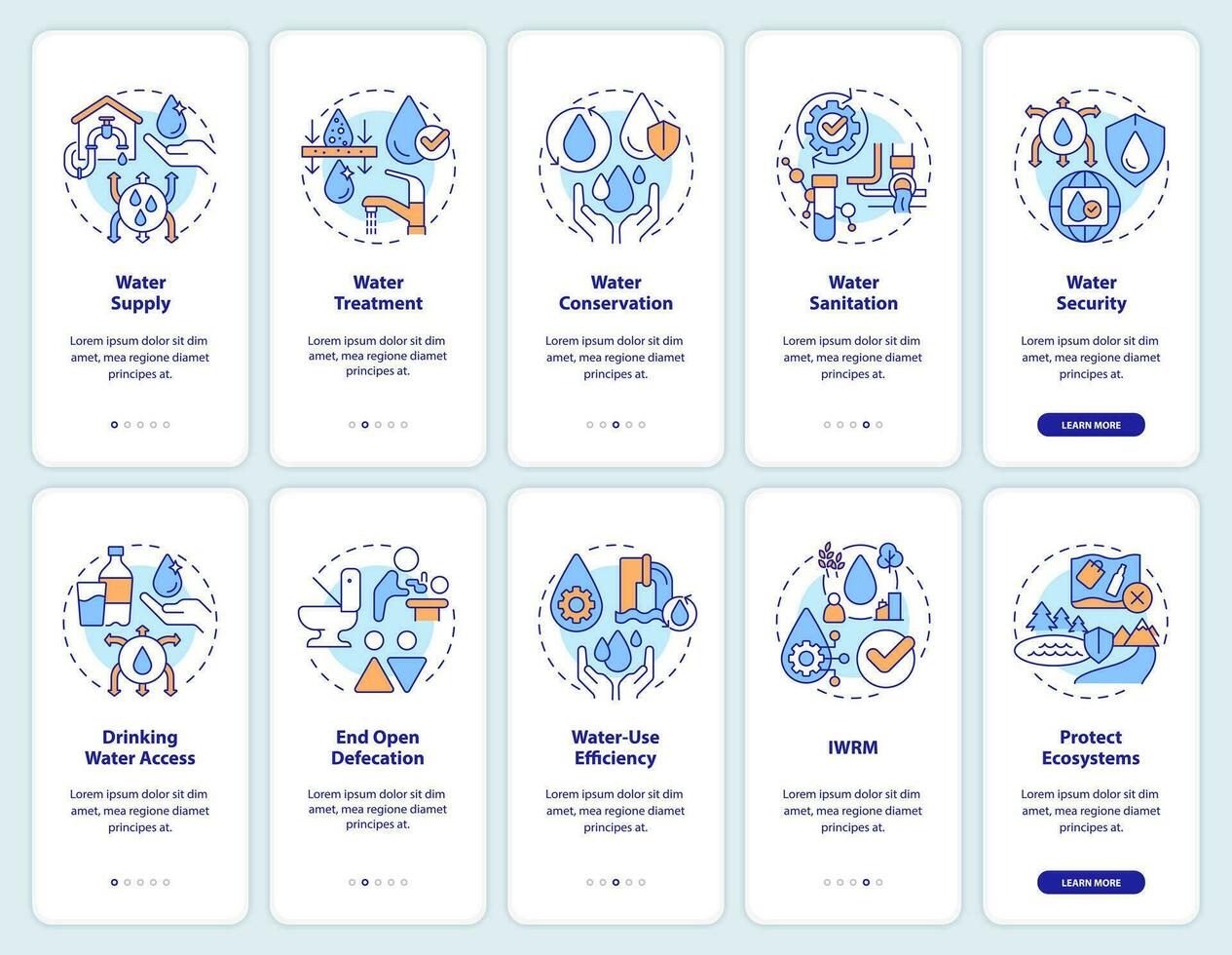 Water and sanitation management onboarding mobile app screens set. Walkthrough 5 steps editable graphic instructions with linear concepts. UI, UX, GUI template vector