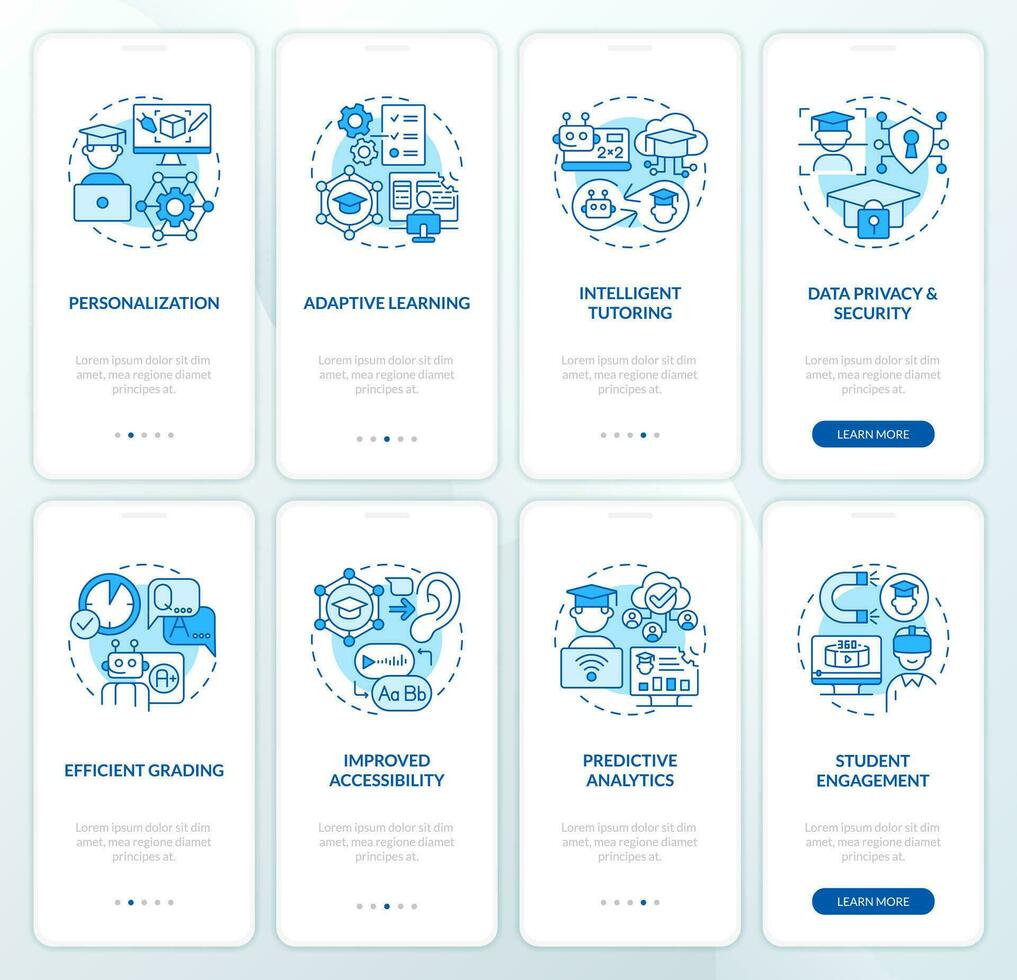 2D blue icons representing AI in education, graphic instructions with linear concepts, app screen. vector