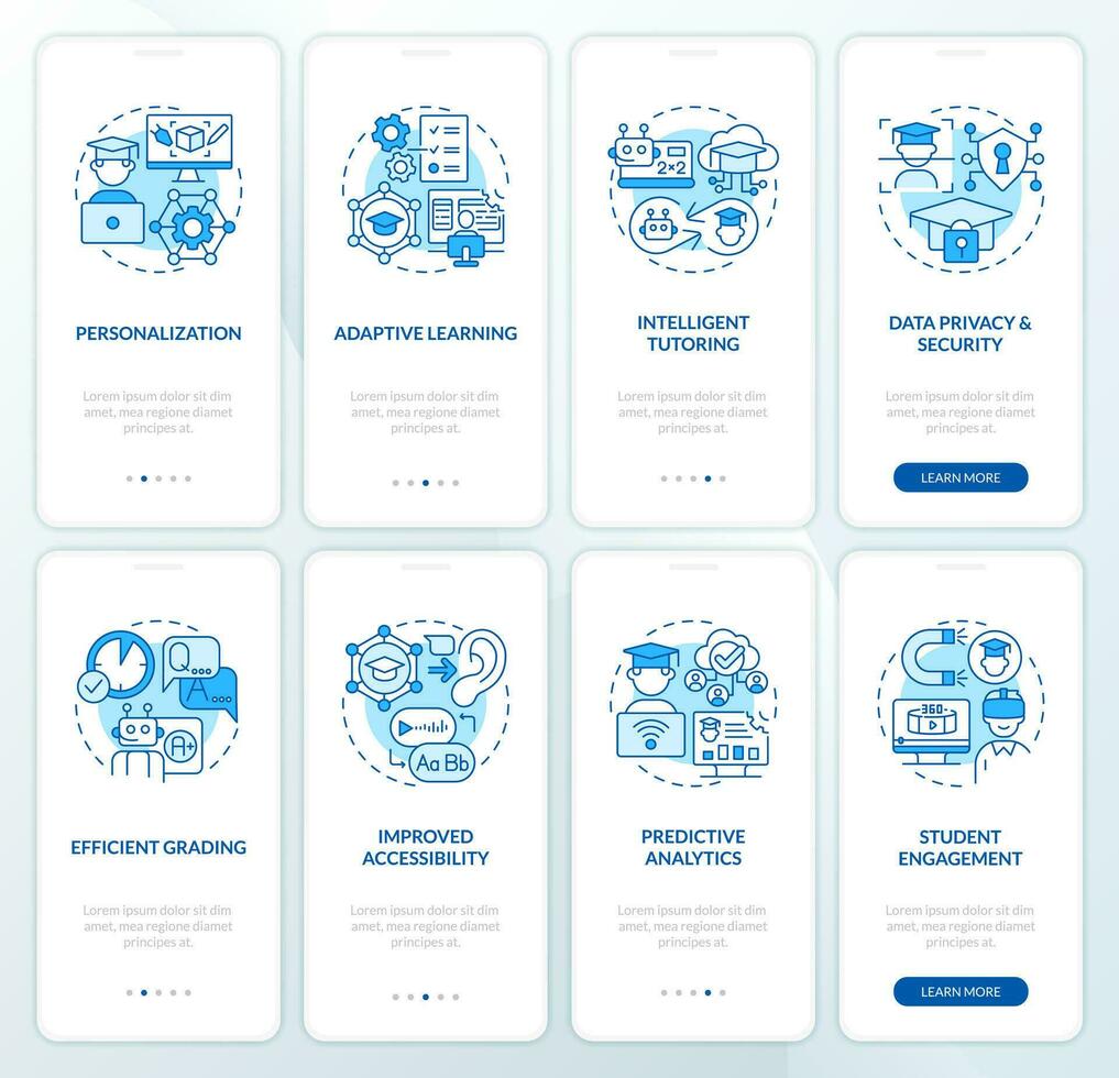 2d azul íconos representando ai en educación, gráfico instrucciones con lineal conceptos, aplicación pantalla. vector