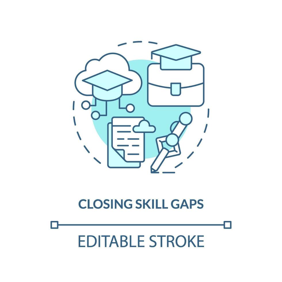 2D thin line blue icon representing closing skill gaps, isolated customizable vector illustration of futuristic learning, innovation in education.