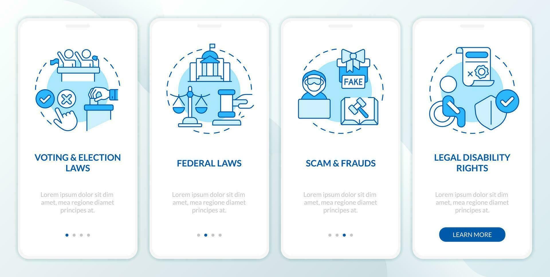 Laws and legal matters blue onboarding mobile app screen. Walkthrough 4 steps editable graphic instructions with linear concepts. UI, UX, GUI template vector