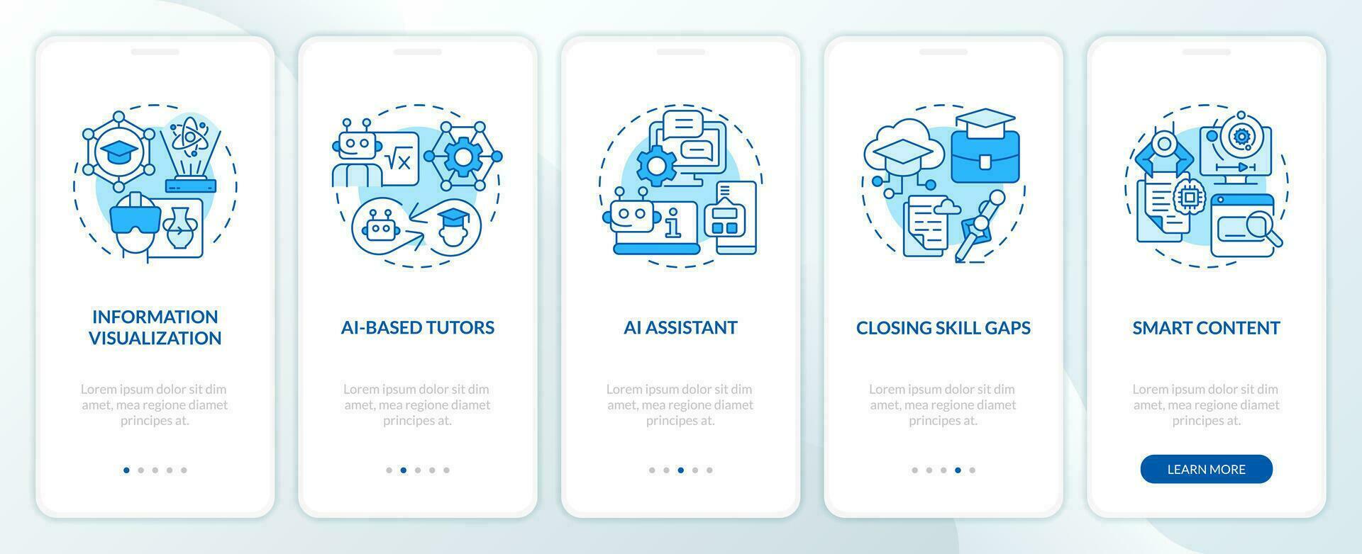 5 steps blue icons representing AI in education, graphic instructions with linear concepts, app screen. vector