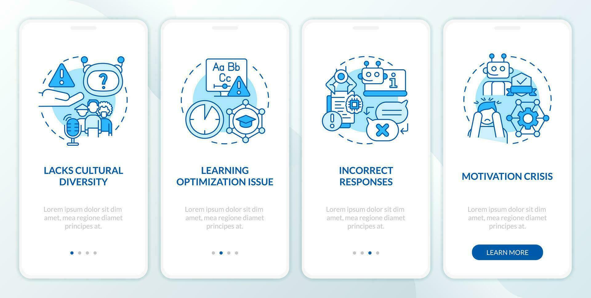 2D blue icons representing disadvantages in AI education, graphic instructions with linear concepts, app screen. vector