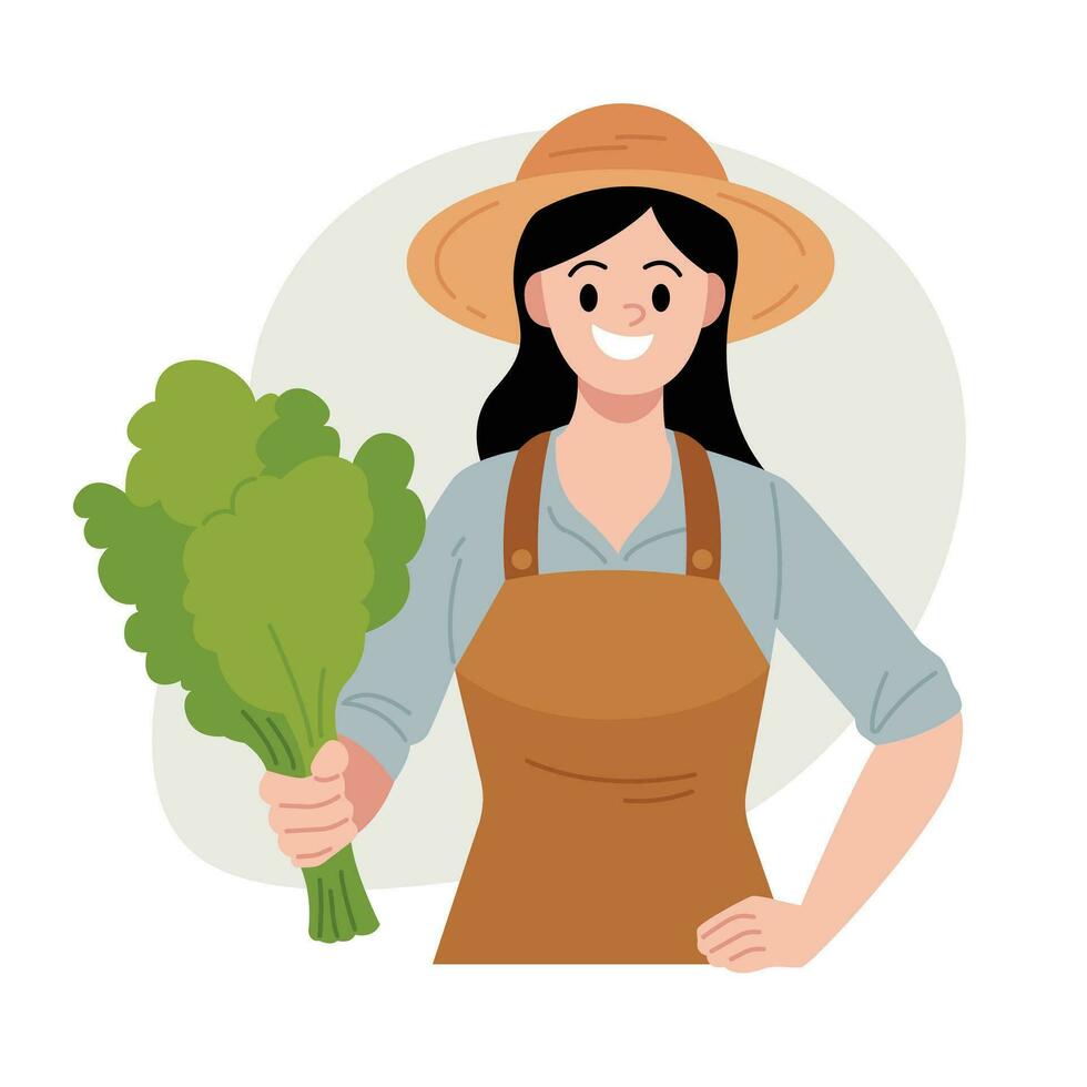 Smiling Female Farmer Holding Fresh Vegetables Vector Illustration