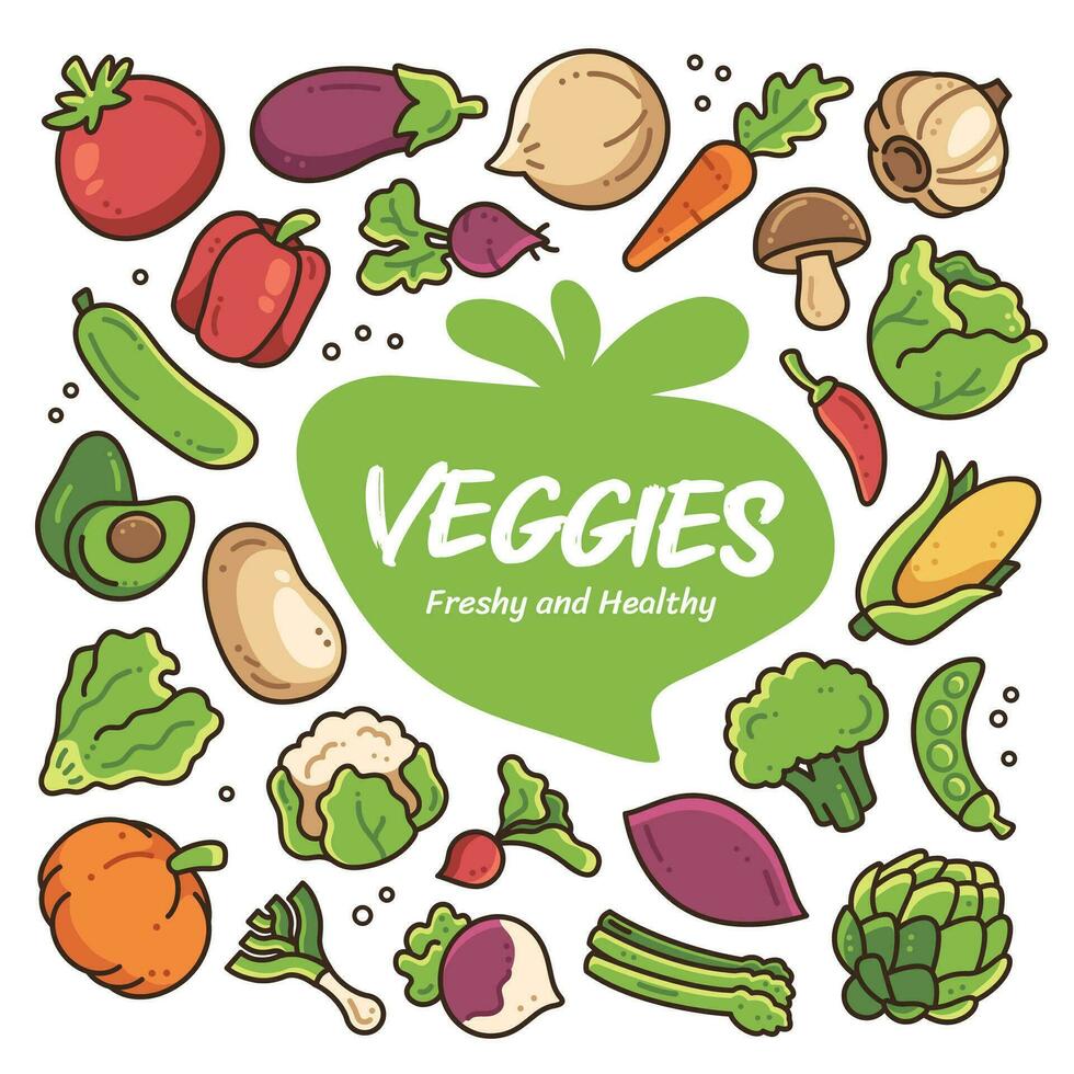 Veggies Freshy and Healthy Vegetables Minimal Cartoon Vector Illustration Collection Set