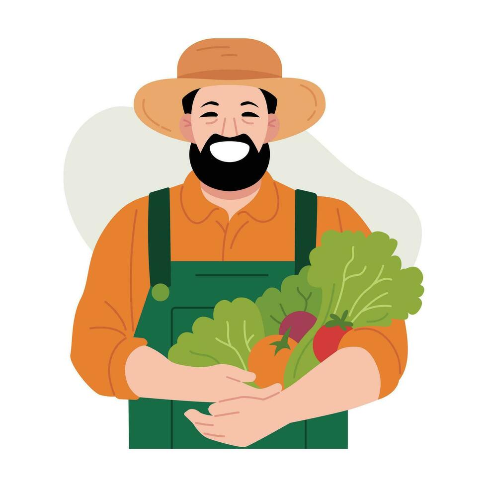 sonriente masculino granjero participación Fresco vegetales vector ilustración