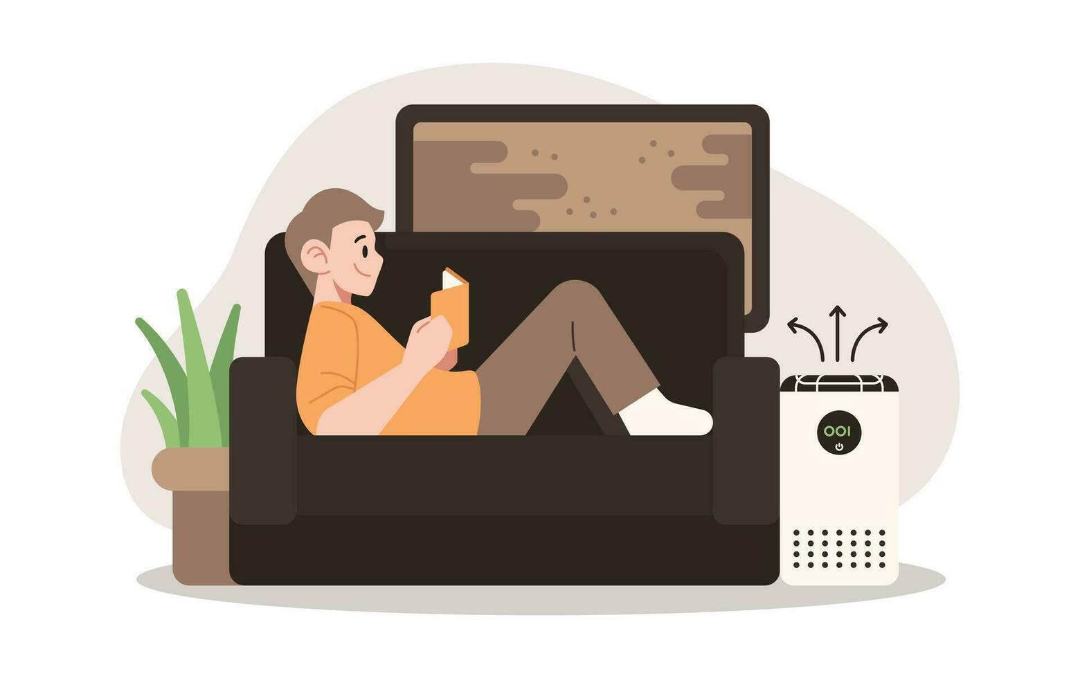 Person Relaxing in Clean Air with Air Purifier, Dusty Outside Vector Illustration