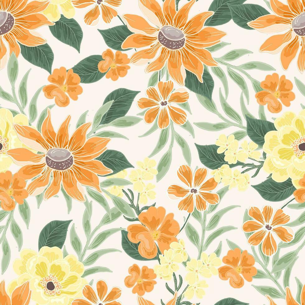 Anemone and Sunflower Hand Drawn Seamless Pattern vector