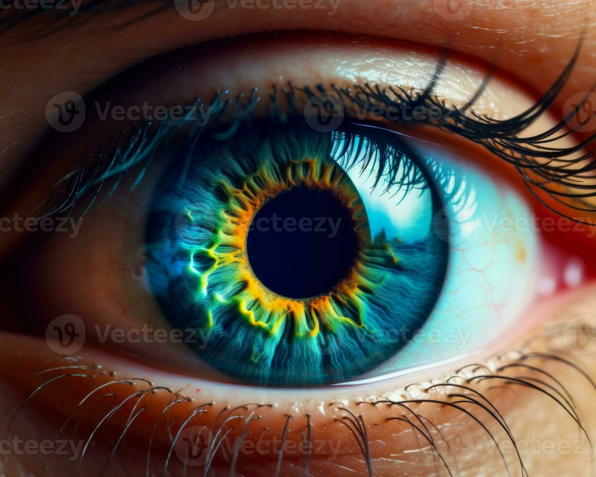 A Colorful Expression A Close-up of a Human Eye with a Yellow and Orange Detailed Shot with a Multicolored Pupil AI Generative photo
