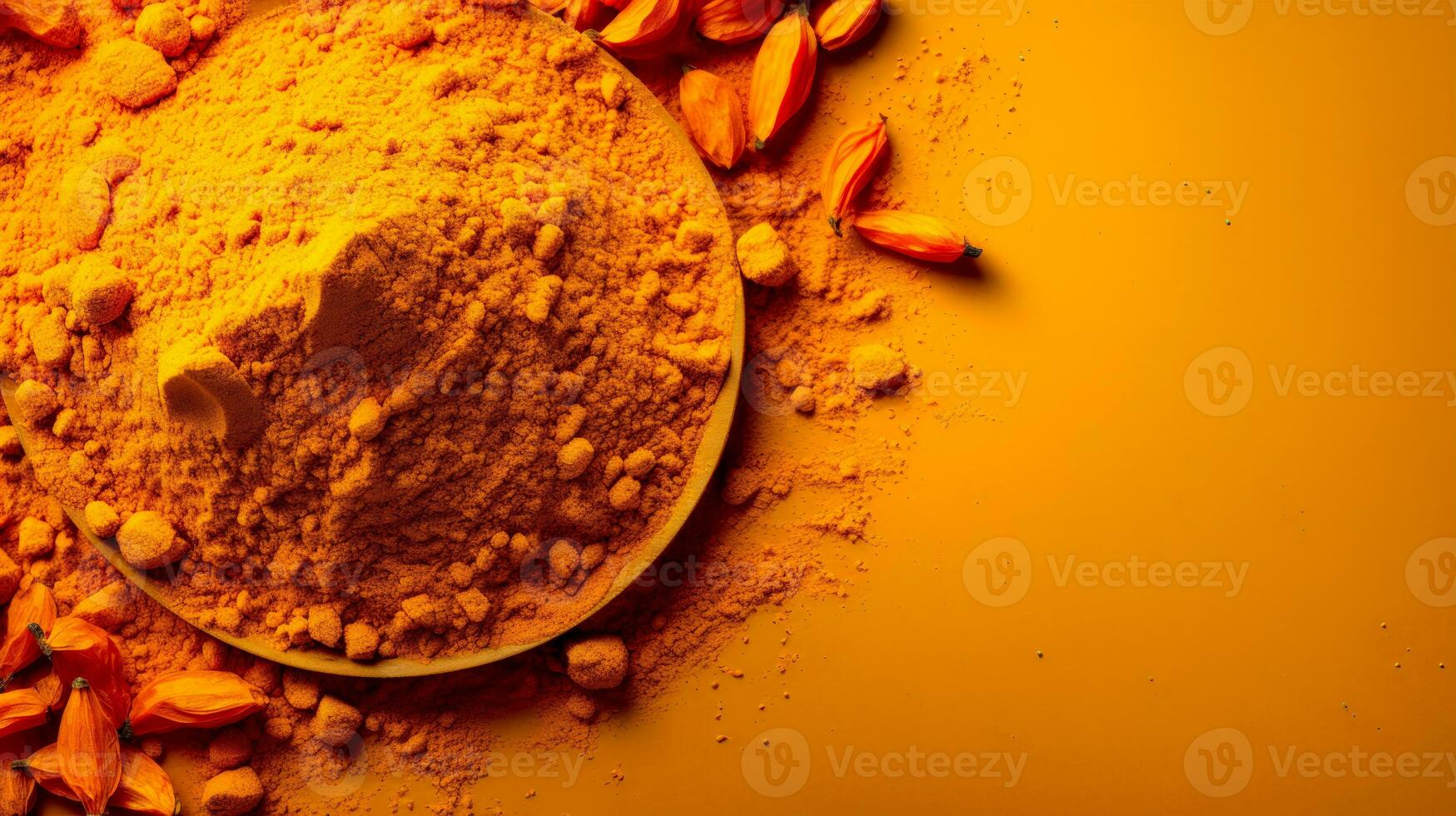 Turmeric and Flowers A Colorful and Aromatic Background with a Herbal Ingredient and a Wooden Plate AI Generative photo