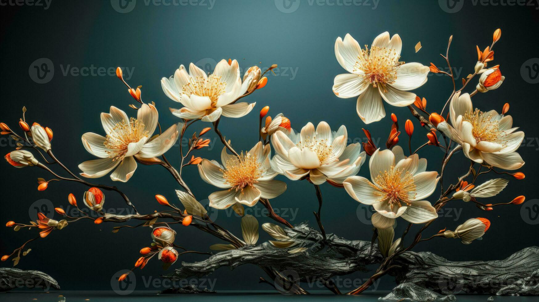 Dramatic and Contrast Floral Art with White and Orange Flowers on Dark Blue Gradient Background AI Generated photo