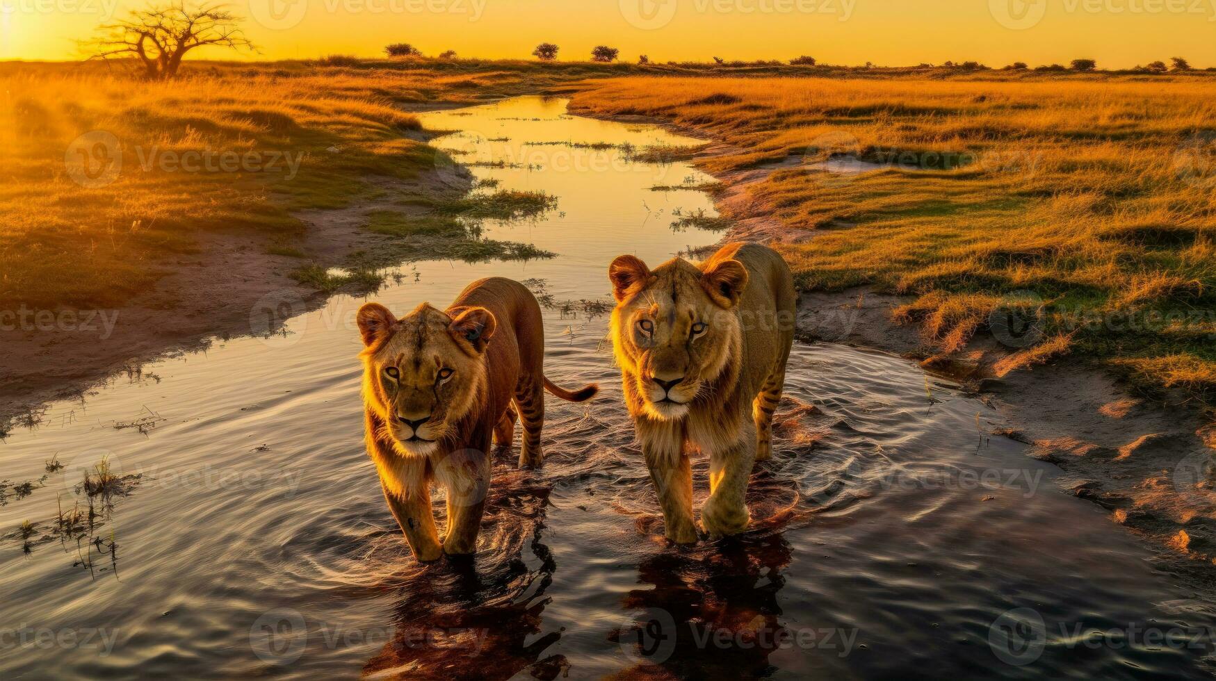 A CloseUp Shot of Two Lions in the Water with a Beautiful Sky in the Background AI Generative photo