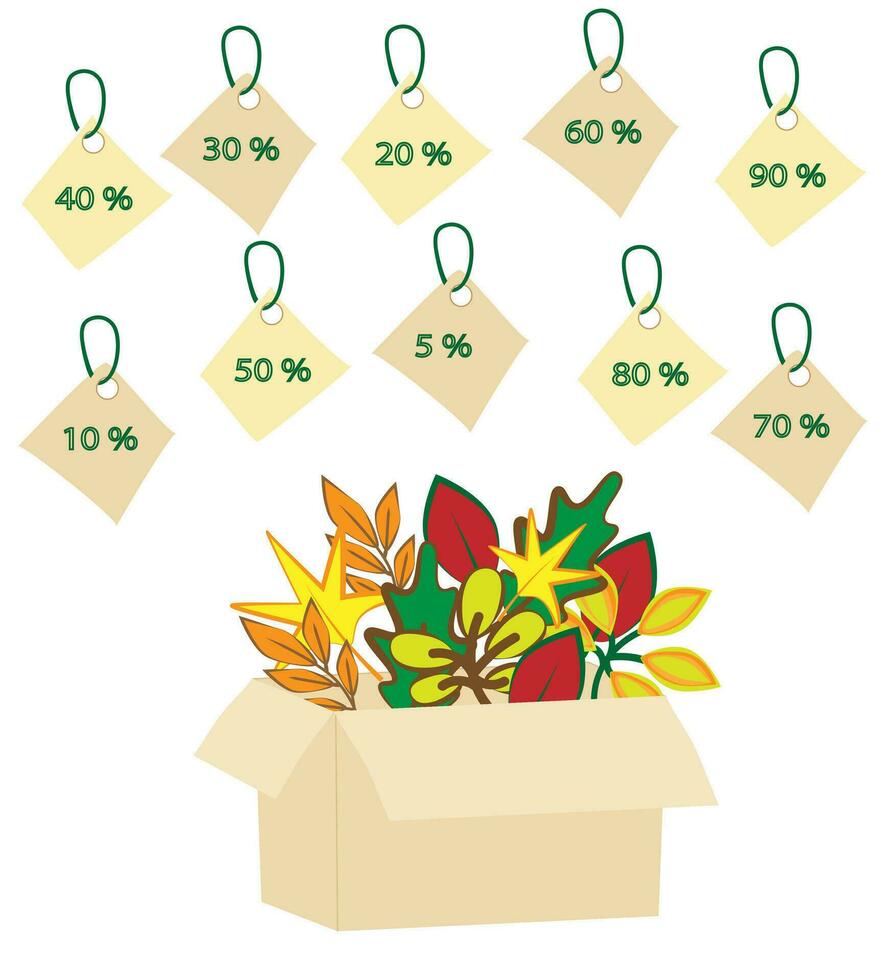 Cardboard box with autumn foliage discount stickers autumn sale vector EPS10