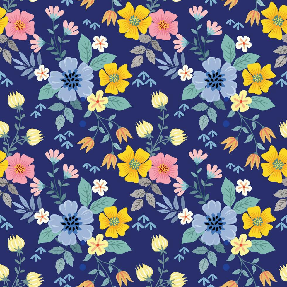 Beautiful blooming flowers on blue color background seamless pattern. vector