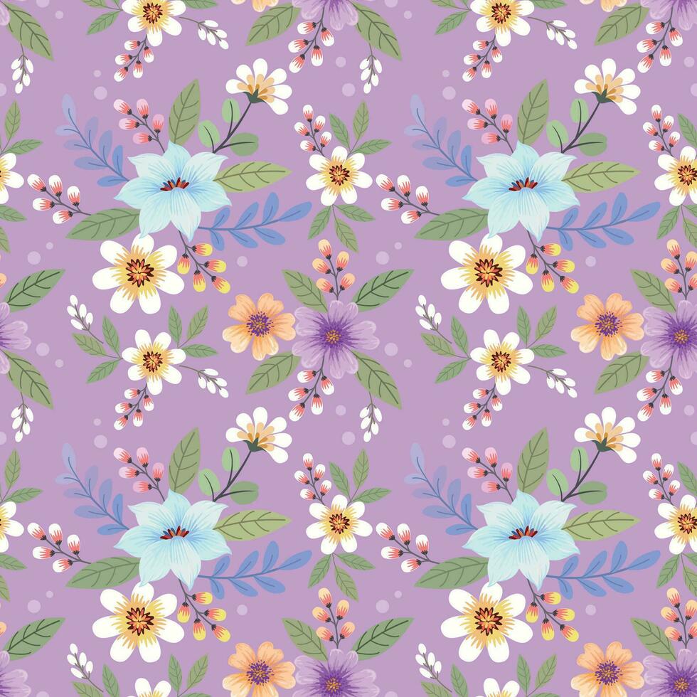Beautiful blooming flowers on purple color background seamless pattern. vector