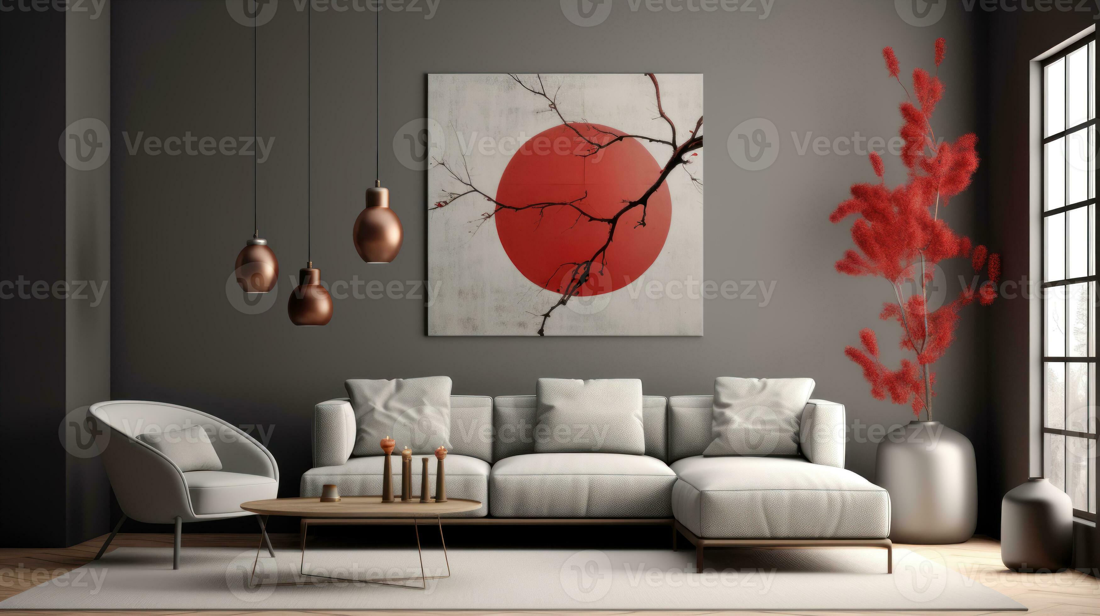 Minimalist and Elegant Living Room with Gray Color Scheme and Red