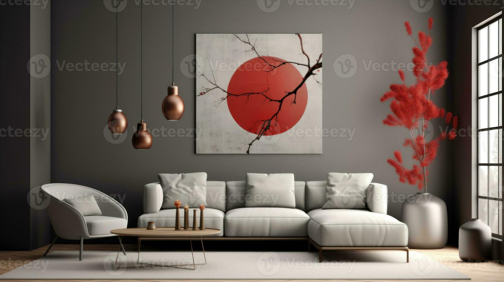 Minimalist and Elegant Living Room with Gray Color Scheme and Red Accent Large Square Painting AI Generated photo