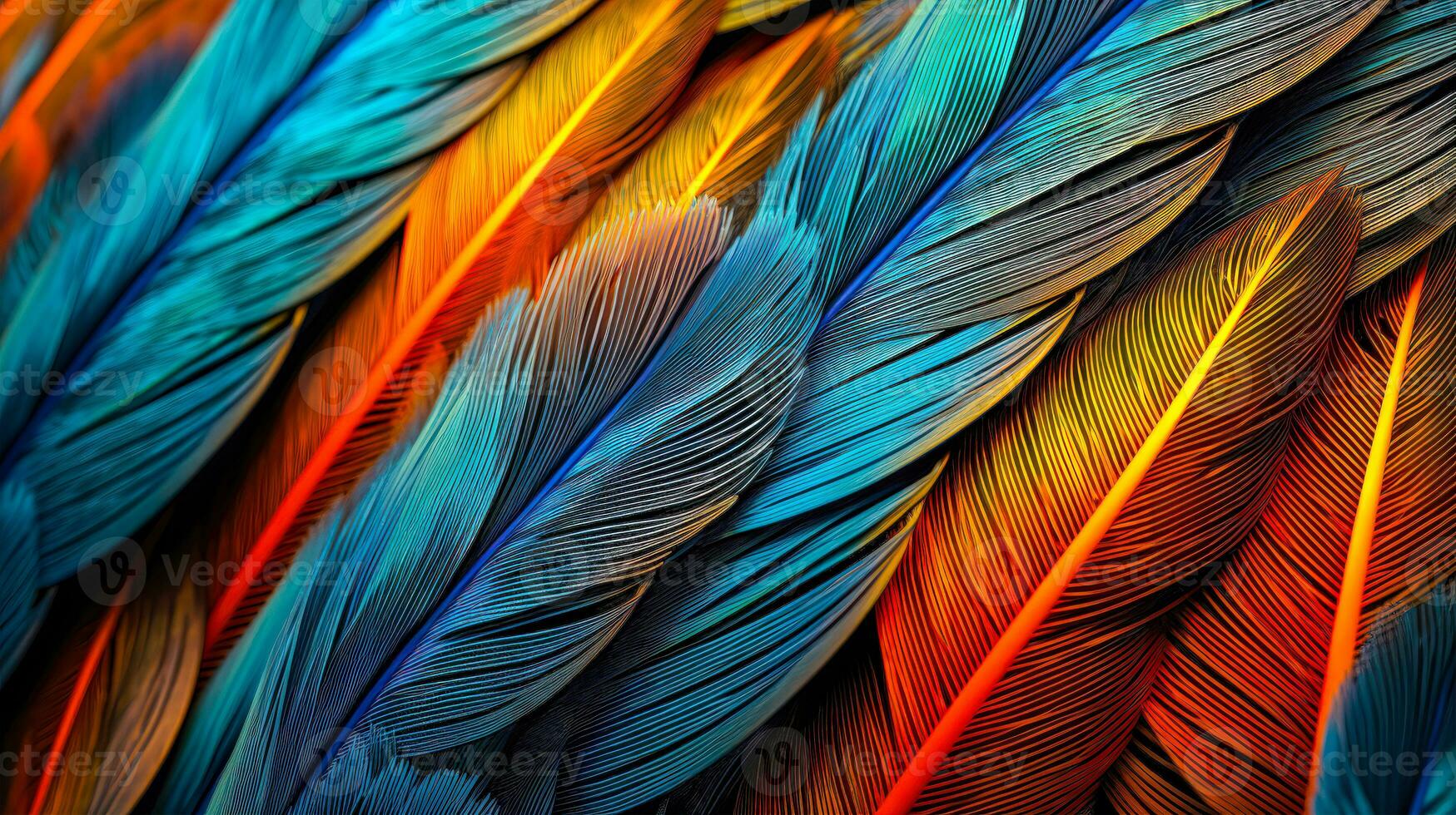 Rainbow Colorful Feather Pattern A Detailed View of the Blue, Orange, and Yellow Feathers of a Tropical Bird AI Generative photo