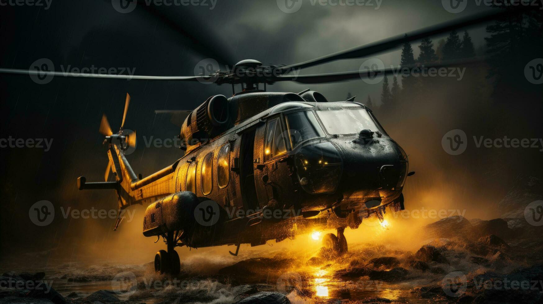 Helicopter in Action with Rotor Spray and Foggy Background Military Helicopter Hovering AI Generated photo