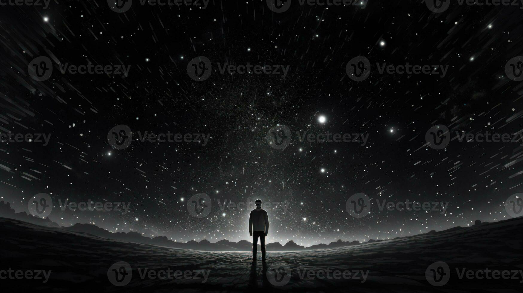 Dreamy Landscape of a Man and a Moon in a Dark Blue Space AI Generated photo