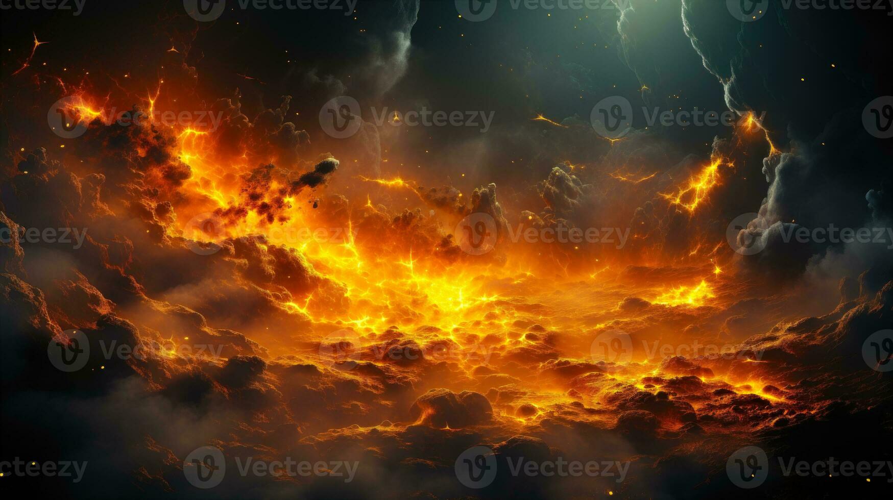 naranja y amarillo nubes en fuego con relámpago tornillos en un oscuro cielo ai generativo foto