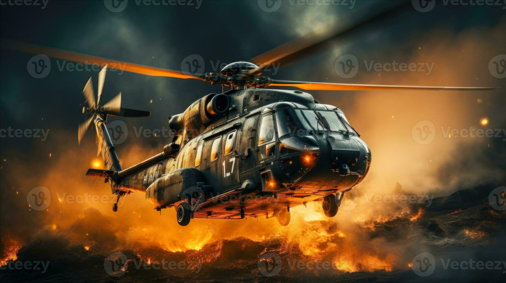 Military Helicopter Danger Urgency in the Air over Burning Ground and Smoke Landscape AI Generated photo