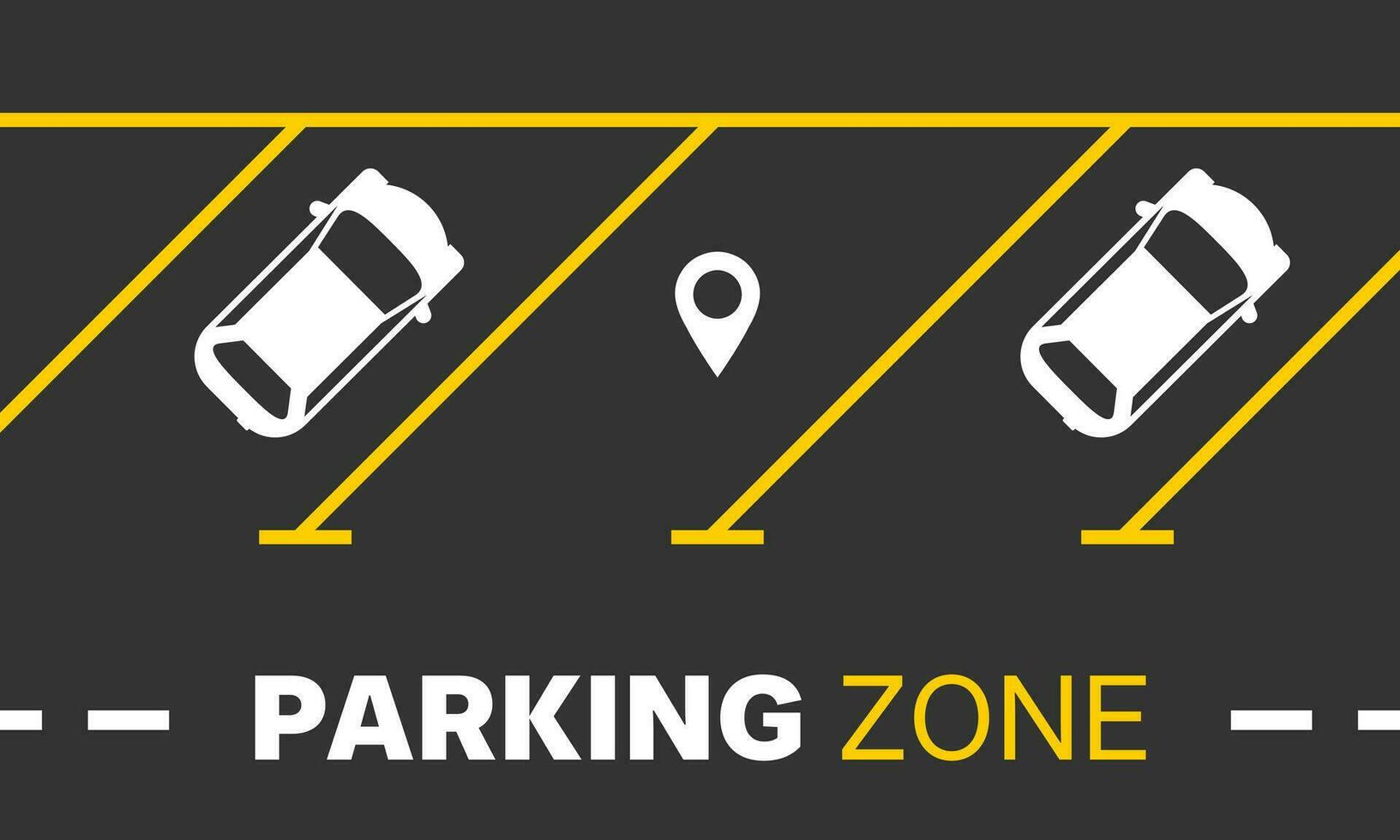 Illustration of a parking zone with car symbols, yellow parking lines, and location pins vector