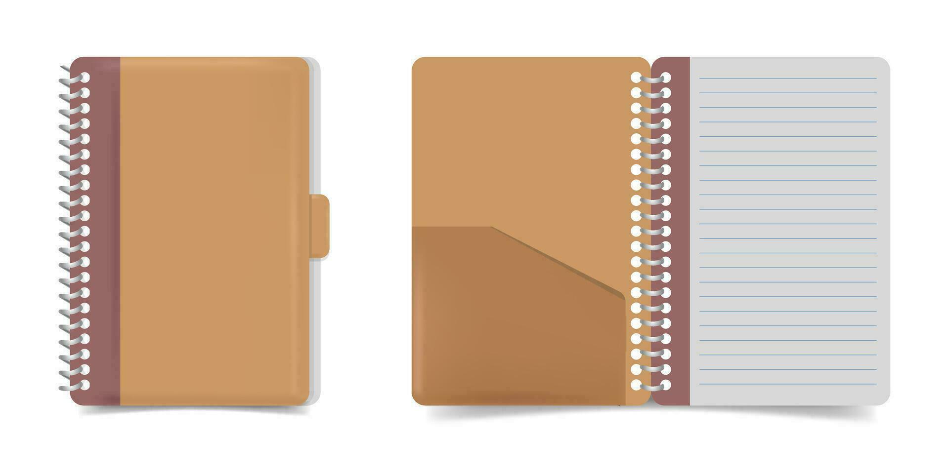 Open and closed binder notebook mockups. Notebook with a brown leather cover. The cover of the notebook and the inside of the notebook. Media for writing notes vector