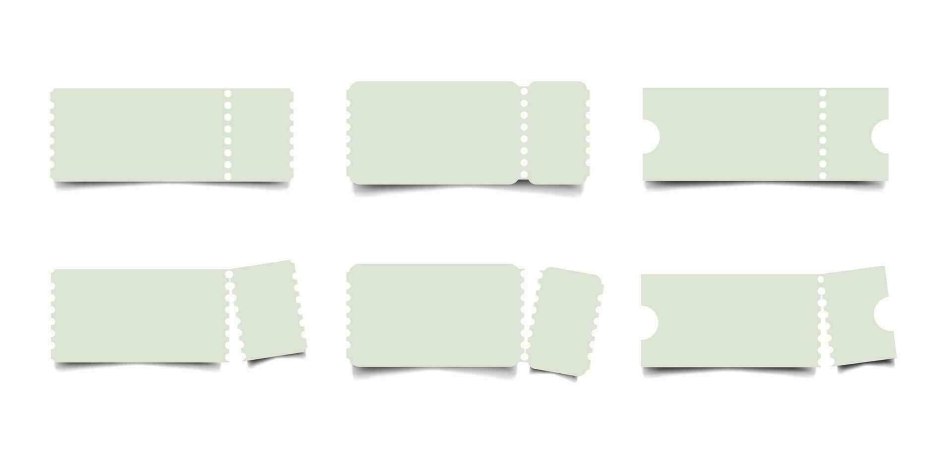 Set of realistic blank ticket paper templates. Ticket mockup and torn ticket design with shadow effect vector