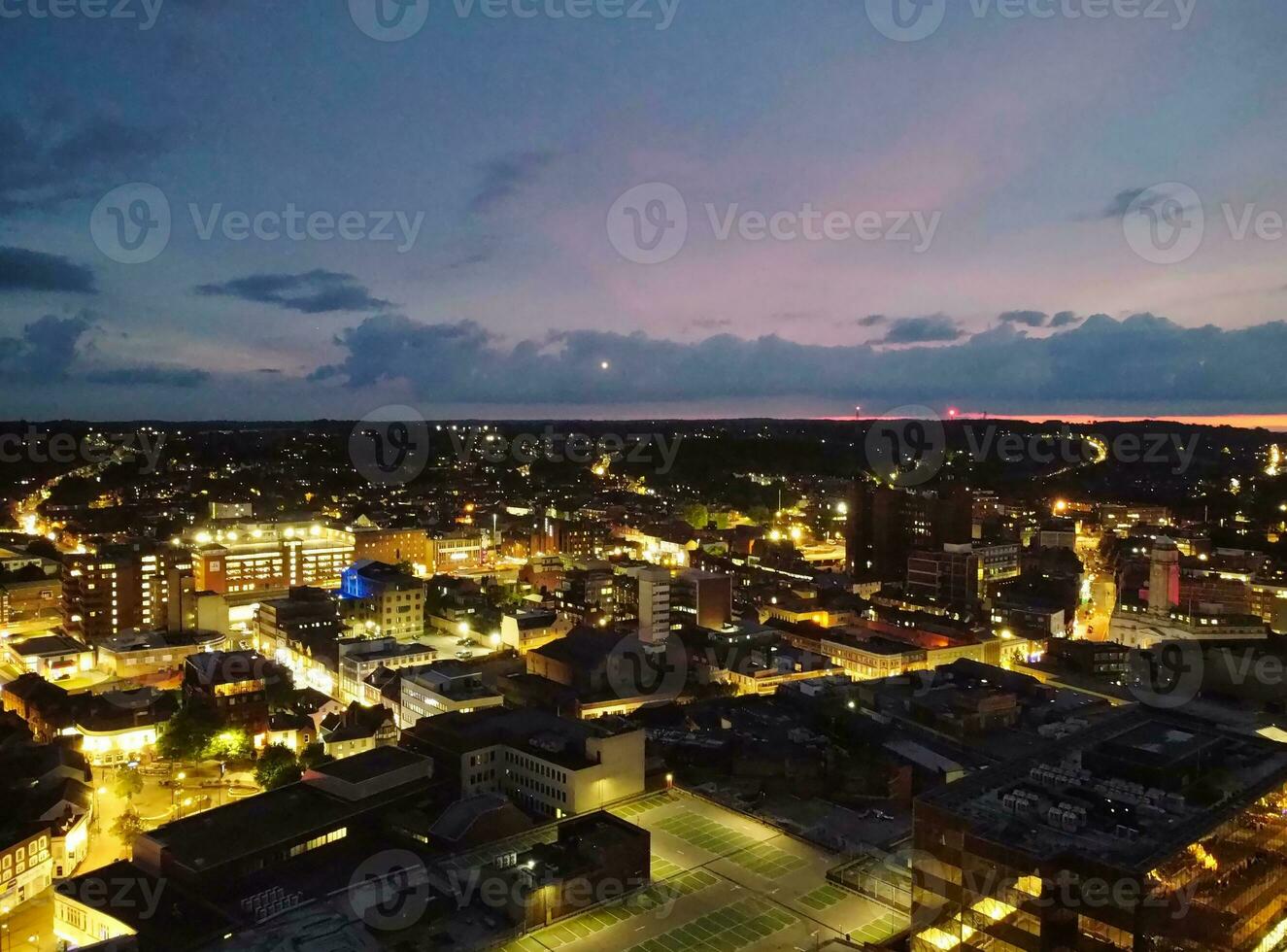 Aerial View of Illuminated Luton City of England UK after Sunset During Night of Summer. Image Was Captured with Drone's Camera on Sep 1st, 2023 photo