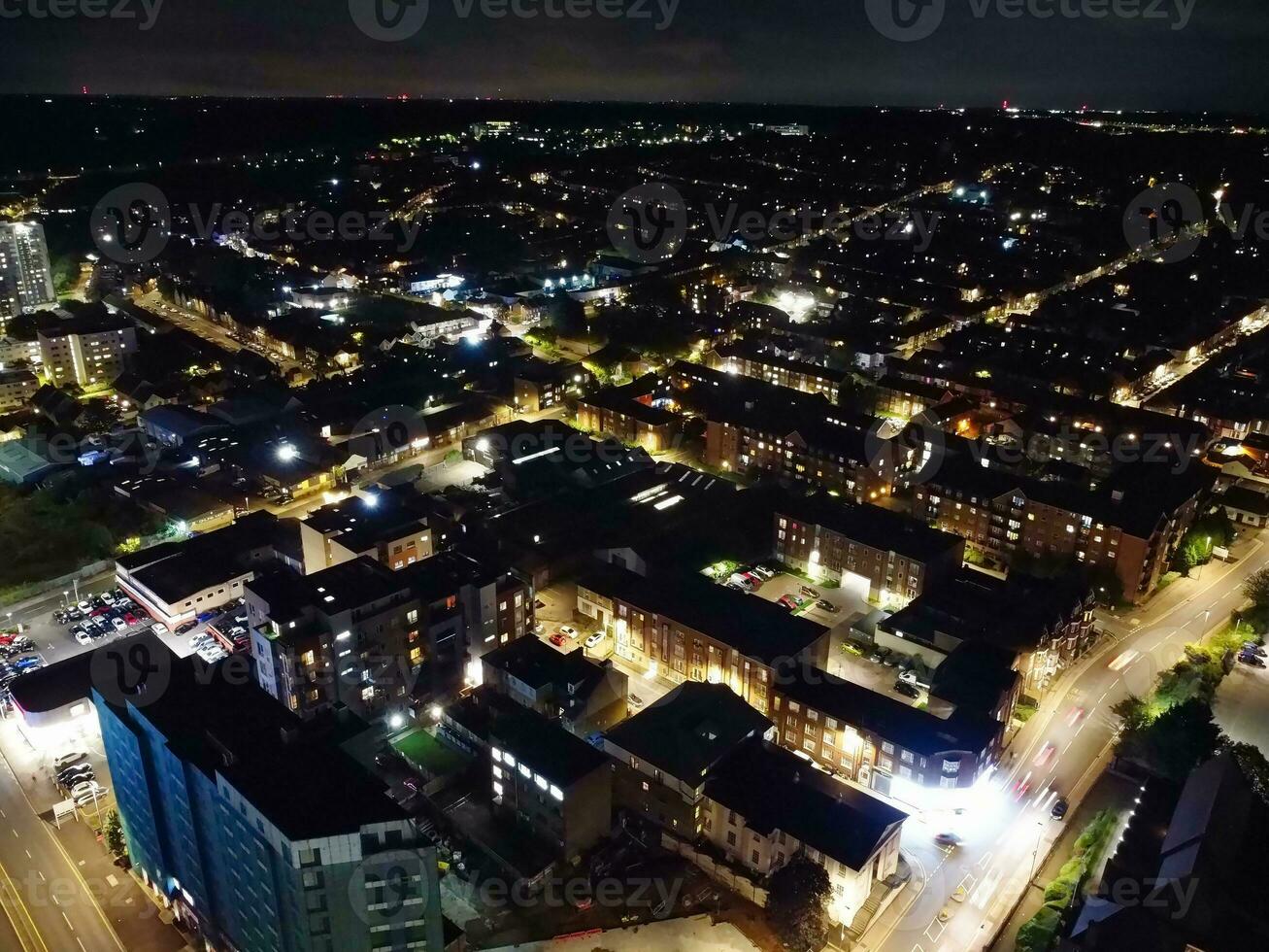 Aerial View of Illuminated Luton City of England UK after Sunset During Night of Summer. Image Was Captured with Drone's Camera on Sep 1st, 2023 photo