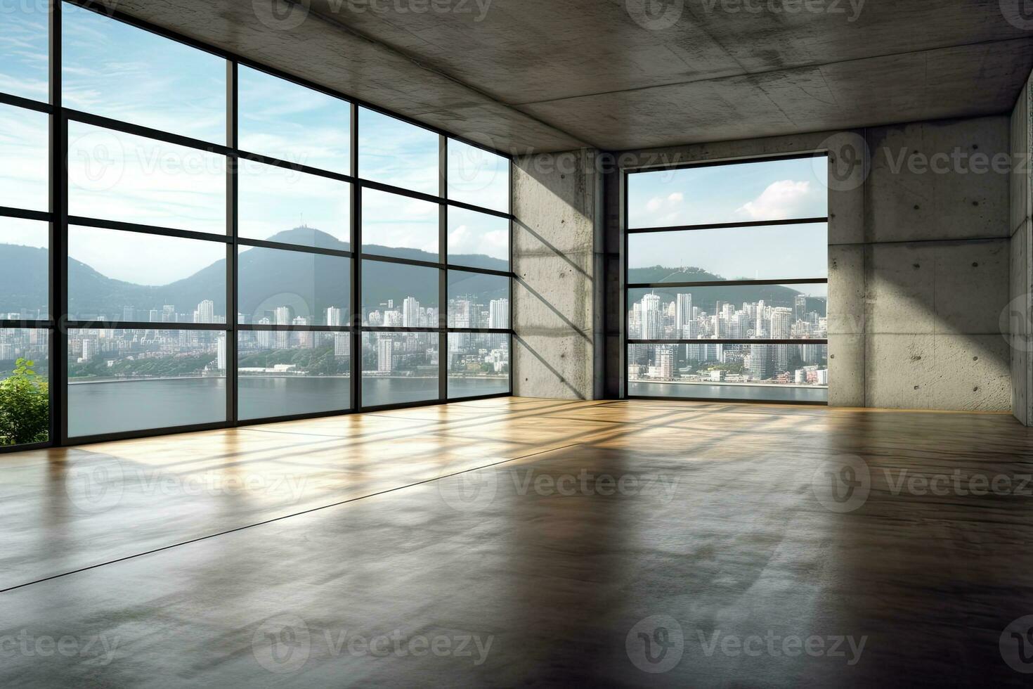 Empty room with panoramic window and mountain view. Generative AI
