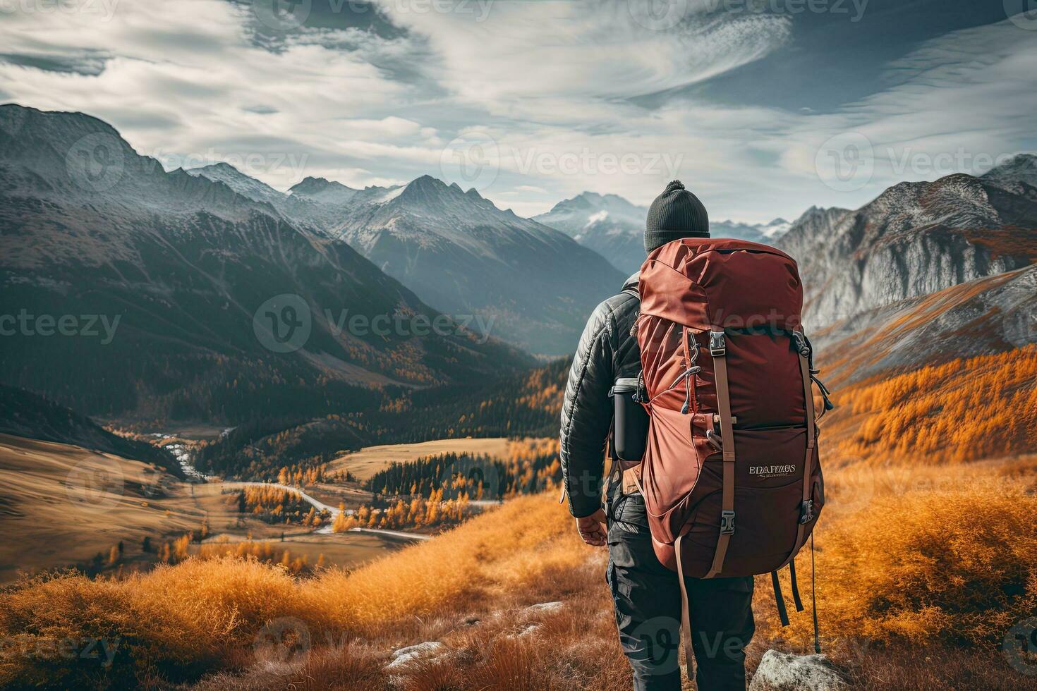 Hiker with a backpack on the background of autumn mountains. Man with a backpack in the mountains. Generative AI photo