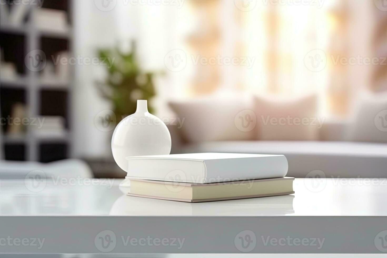 Close - up Modern white table top with free space to edit your product display with books above the living room blurred in the background. Generative AI photo