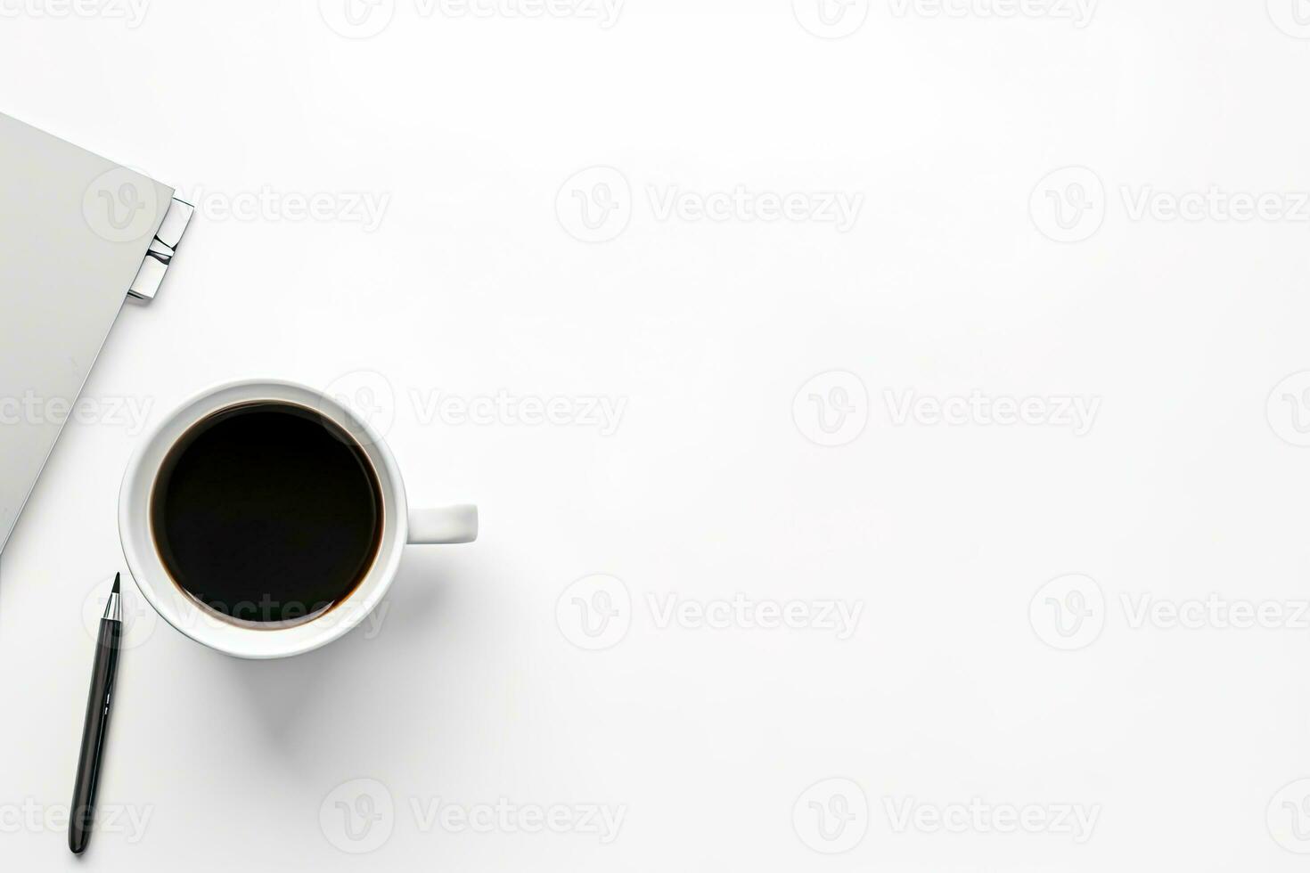Office desk table with keyboard and coffee cup. Top view with copy space. Generative AI photo