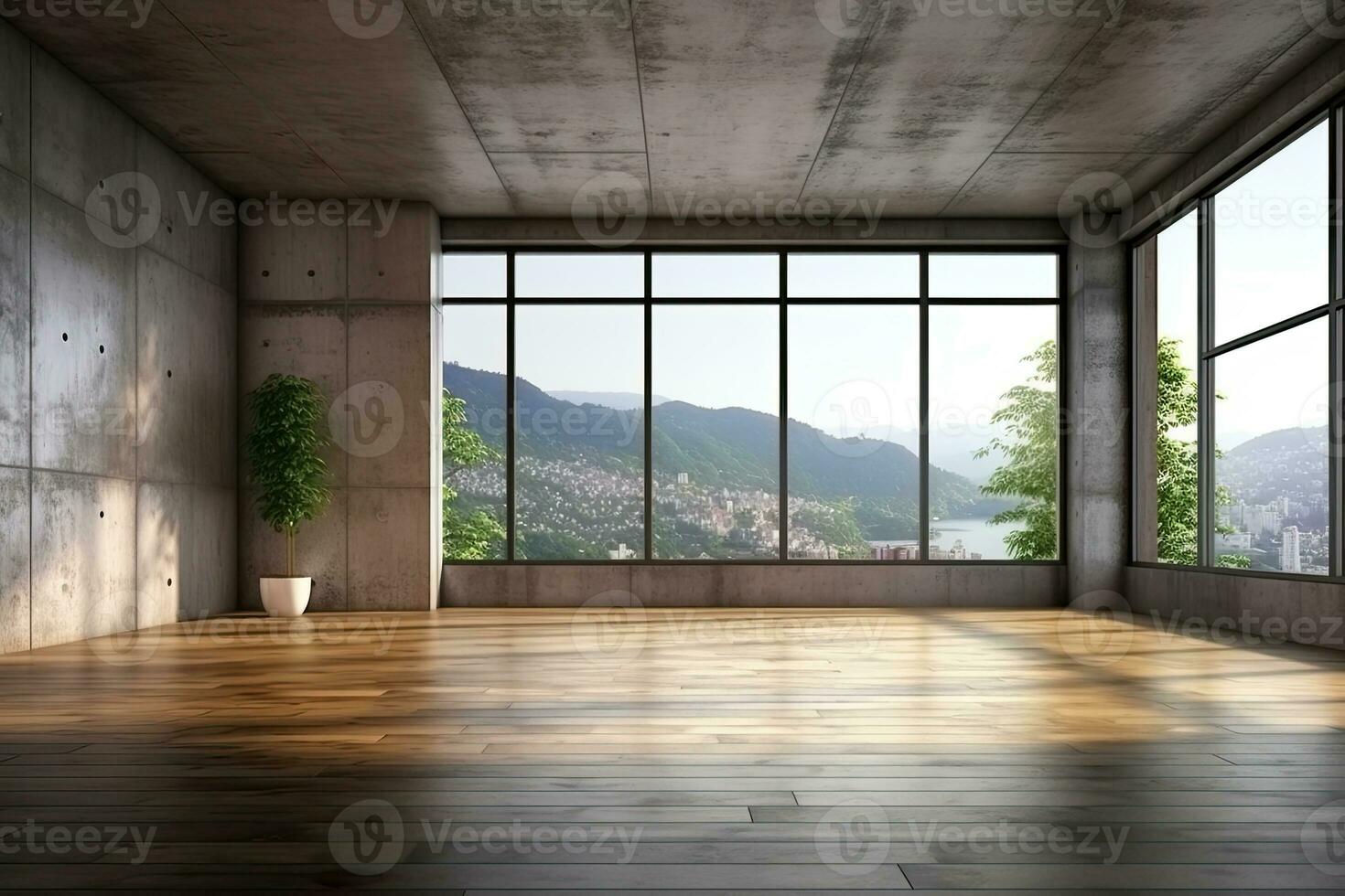 Empty room with panoramic window and mountain view. Generative AI photo