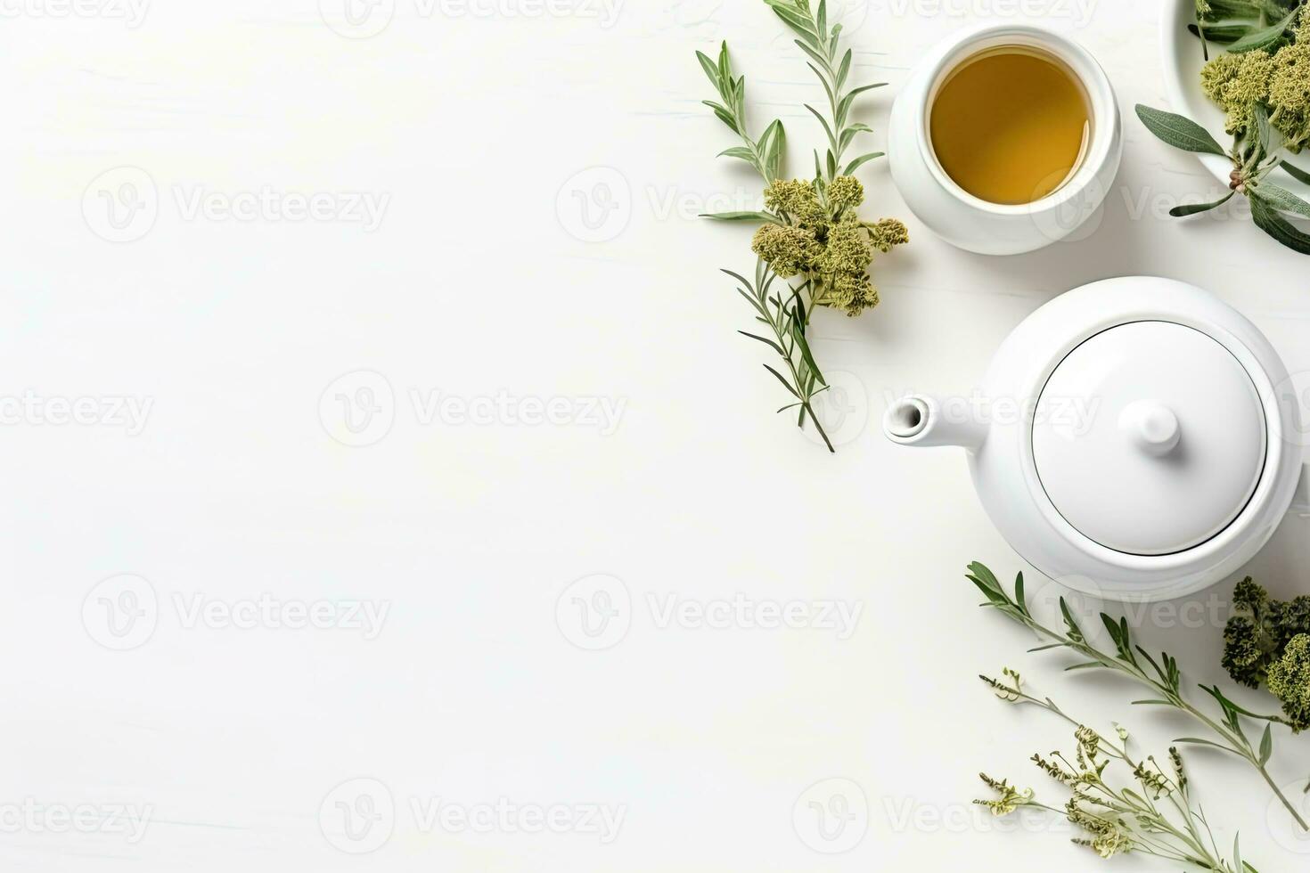 Green tea in a white teapot and cups on white background top view with copy space. Generative AI photo