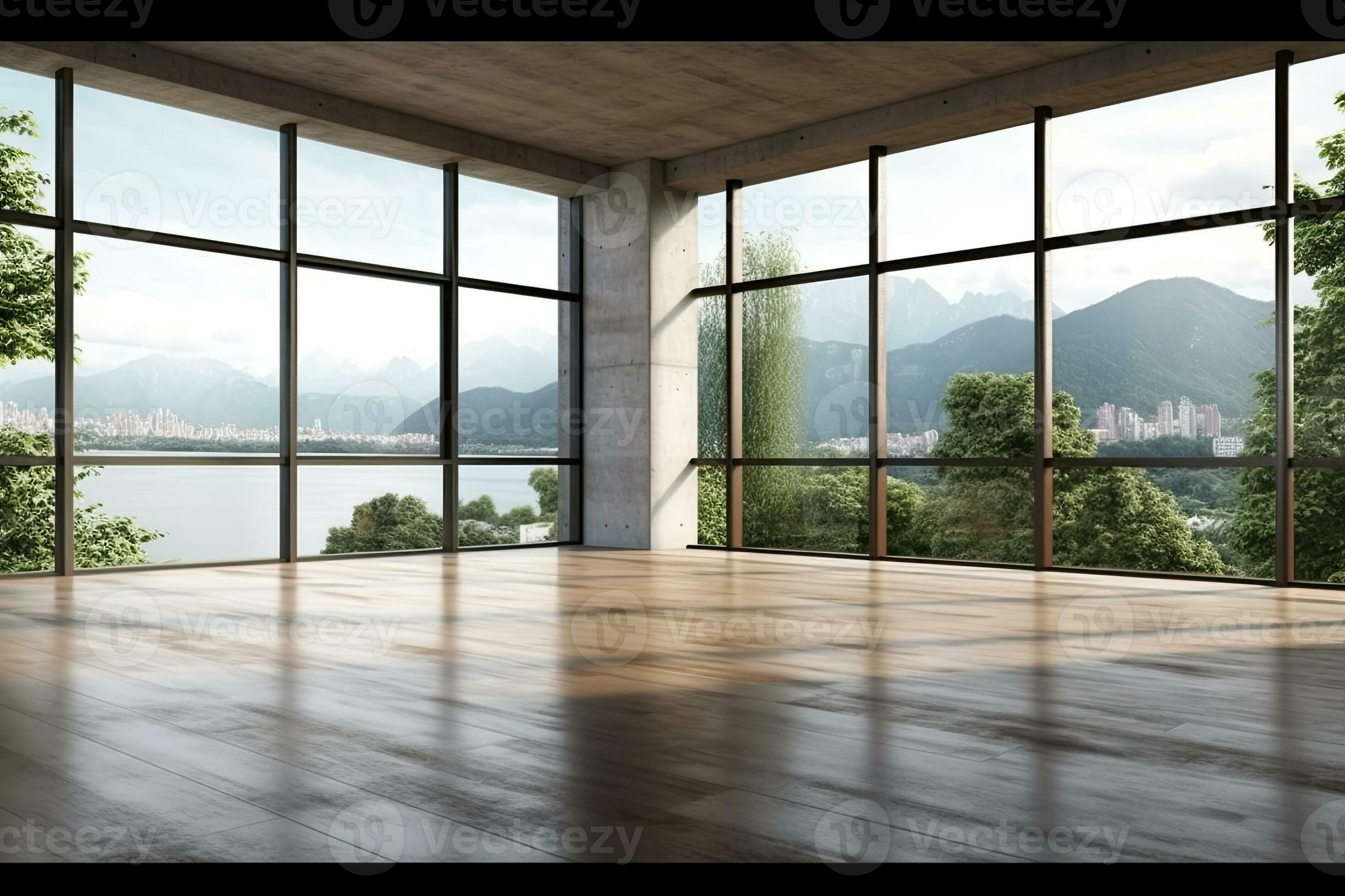 Empty room with panoramic window and mountain view. Generative AI